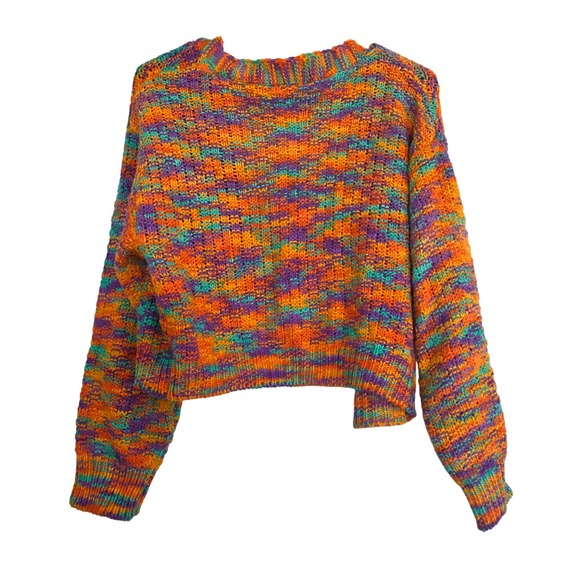 Colorful Marled Knit Open Cropped Cardigan Sweater Women heavy crochet knit - Picture 3 of 4